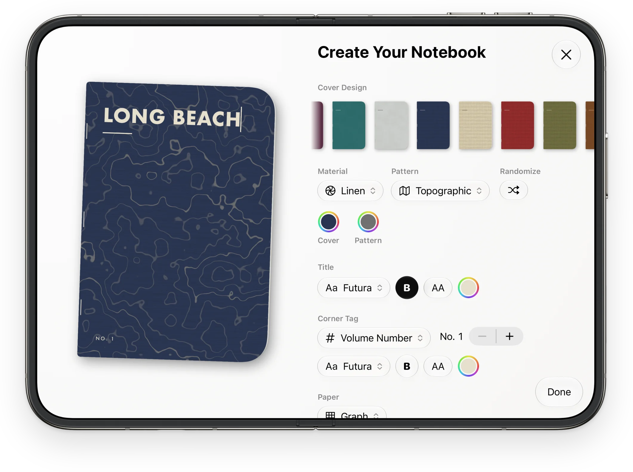 Designing a linen Long Beach notebook with a topographic pattern